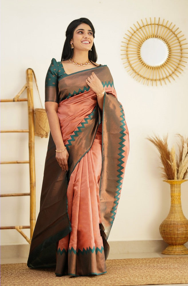 Ebullience Peach Soft Silk Saree With Breathtaking Blouse Piece