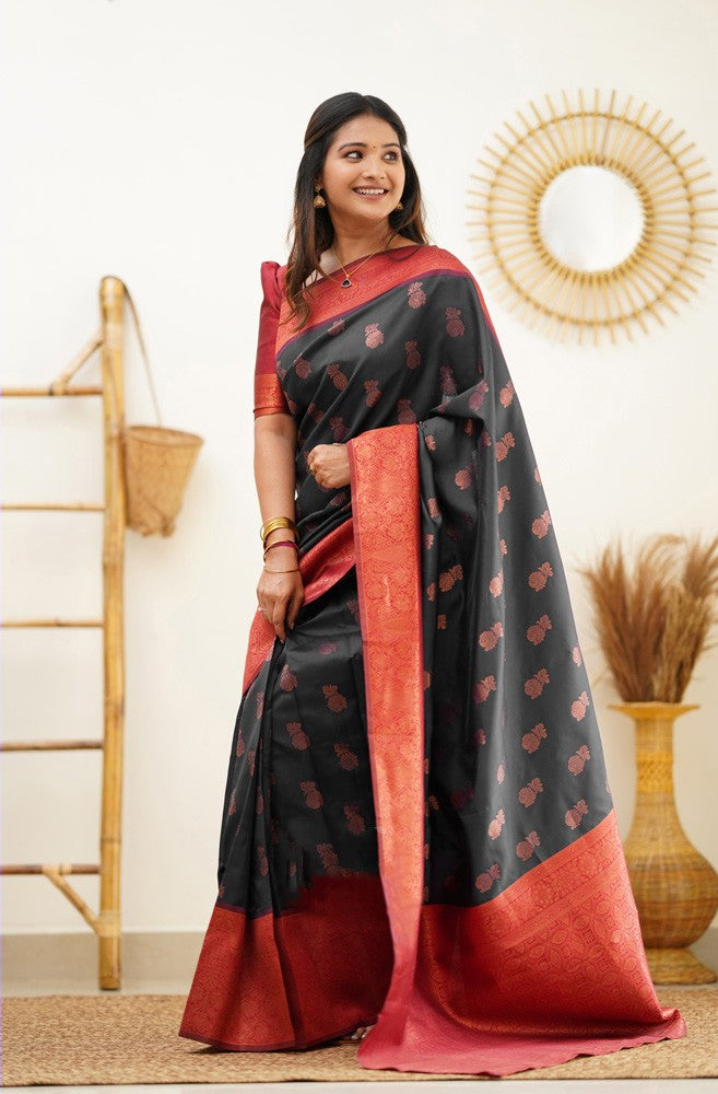 Hypnotic Black Soft Silk Saree With Snazzy Blouse Piece