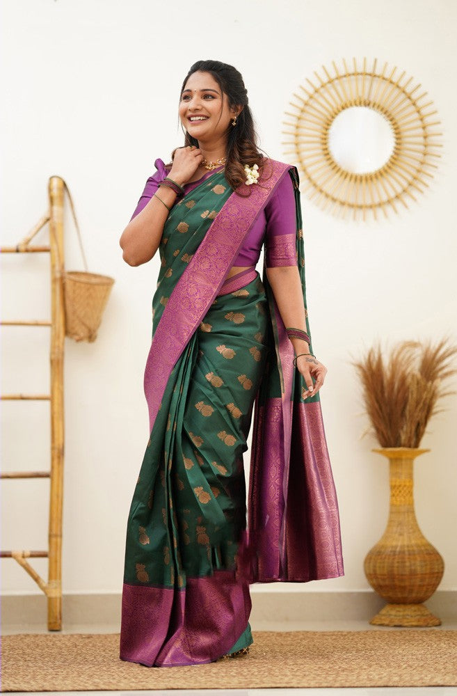 Engrossing Green Soft Silk Saree With Felicitous Blouse Piece