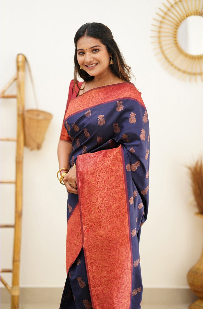 Demanding Navy Blue Soft Silk Saree With Fancifull Blouse Piece