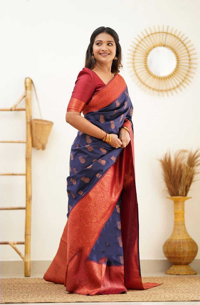 Demanding Navy Blue Soft Silk Saree With Fancifull Blouse Piece