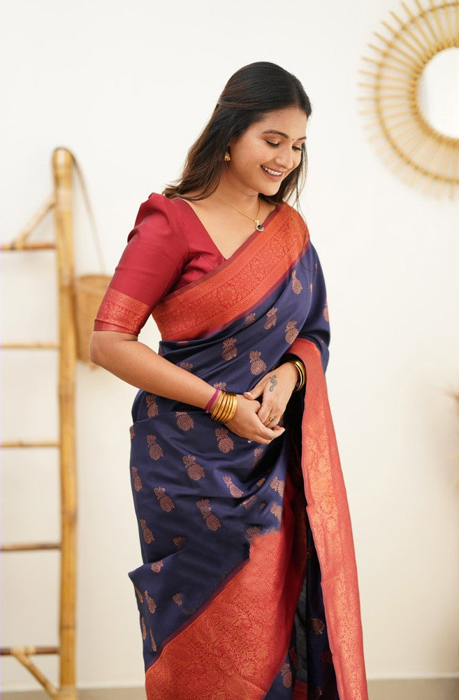 Demanding Navy Blue Soft Silk Saree With Fancifull Blouse Piece