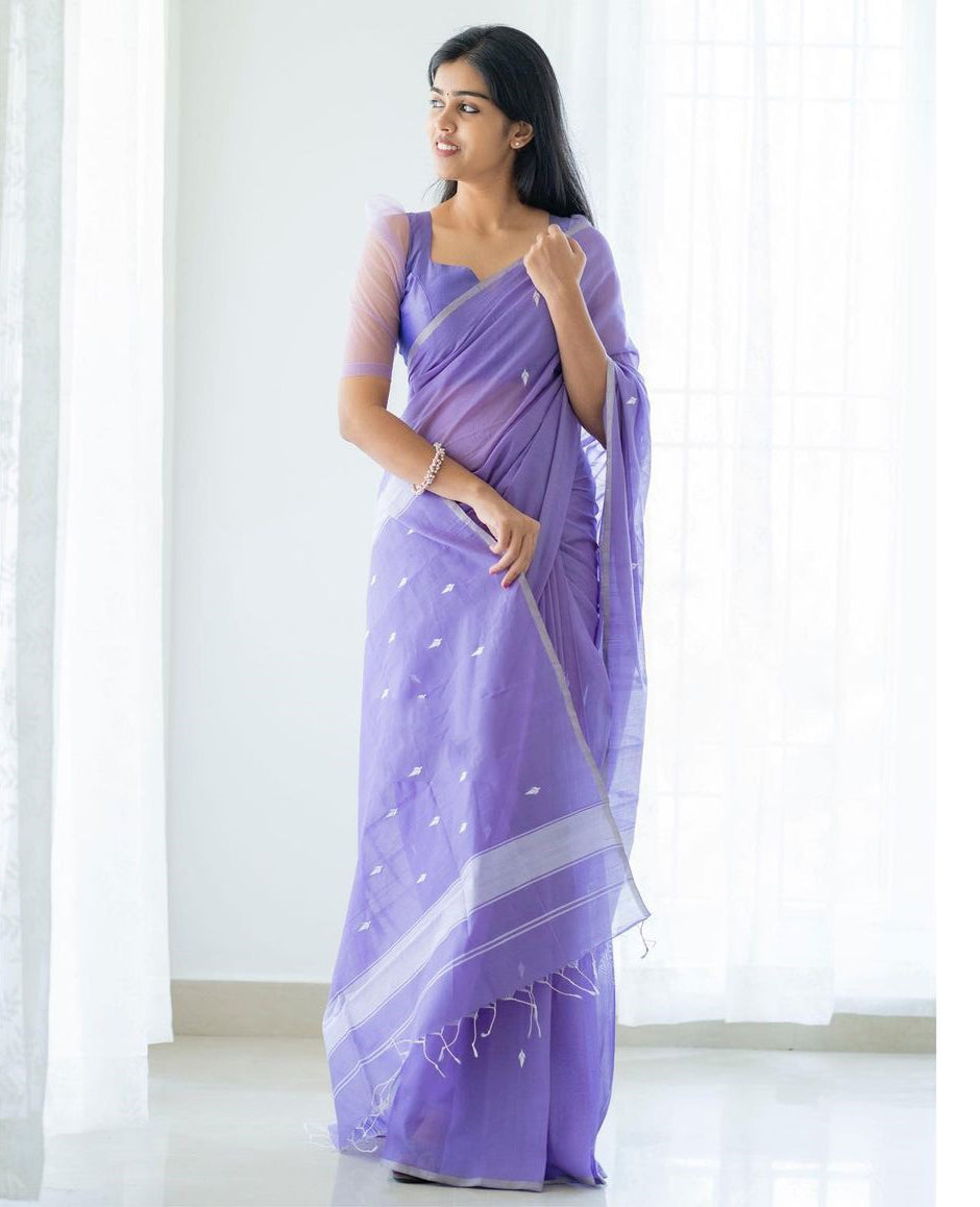 Angelic Lavendor Cotton Silk Saree With Demesne Blouse Piece