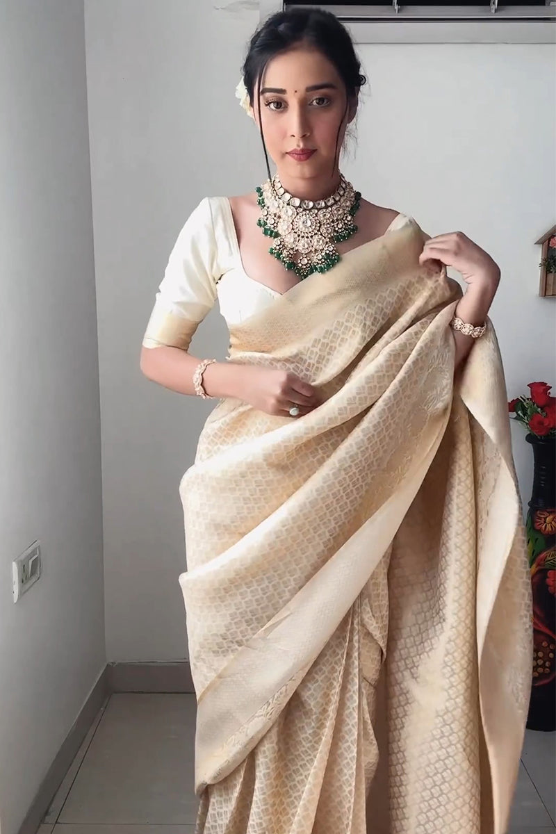 Hypnotic 1-Minute Ready To Wear Beige Kanjivaram Silk Saree