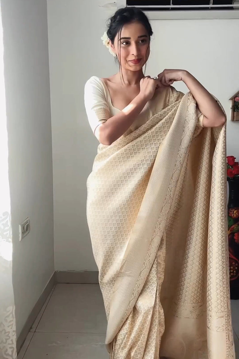 Hypnotic 1-Minute Ready To Wear Beige Kanjivaram Silk Saree