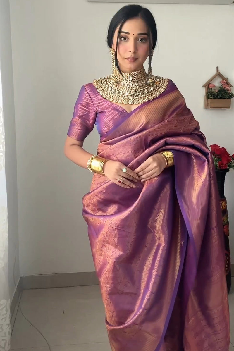 Captivating 1-Minute Ready To Wear Purple Kanjivaram Silk Saree