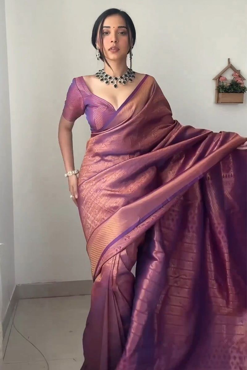 Captivating 1-Minute Ready To Wear Purple Kanjivaram Silk Saree