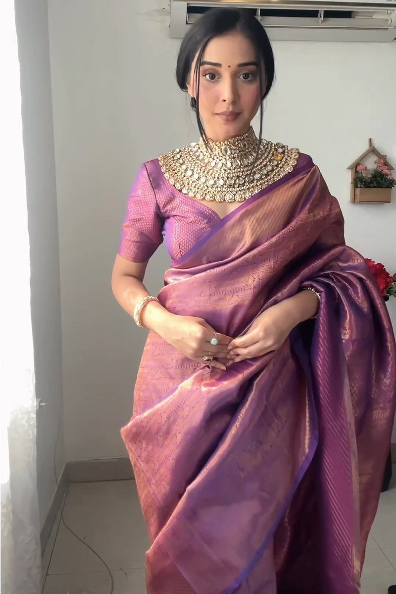 Captivating 1-Minute Ready To Wear Purple Kanjivaram Silk Saree